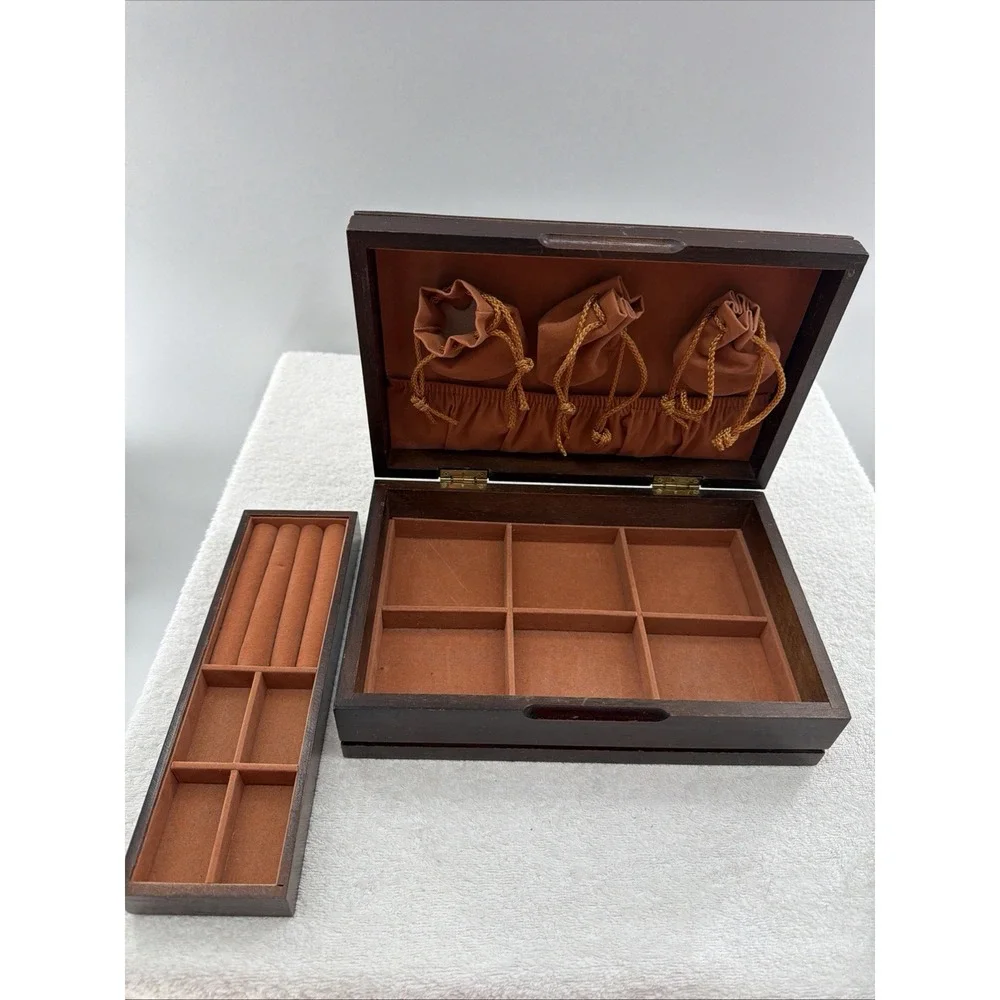 Vintage Wood Unisex Jewelry Box W Tray Multiple Components Cherry Wood Tone